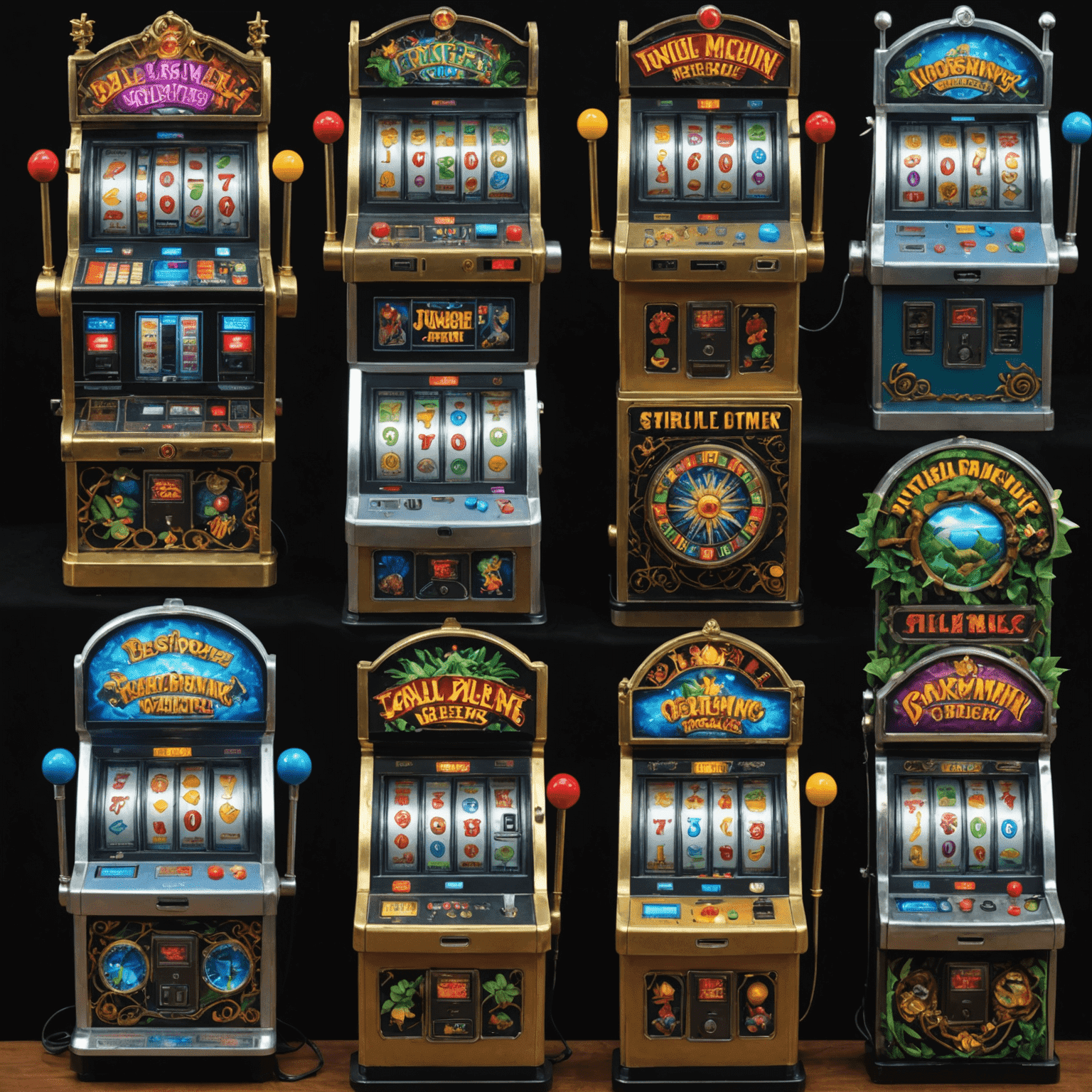 Five slot machines with wild themes: jungle, space, underwater, fantasy, and steampunk. Each machine has unique symbols and vibrant colors.