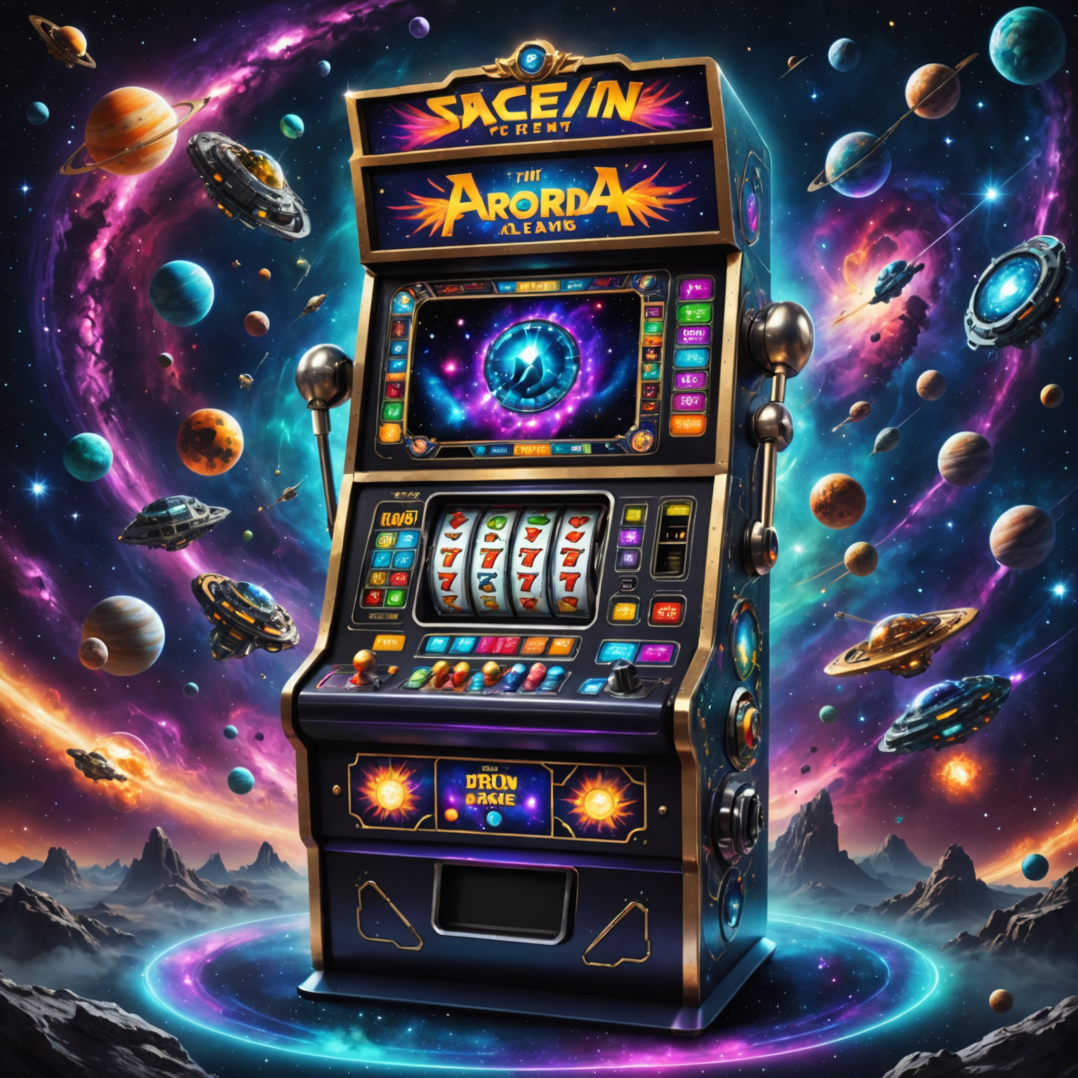 A futuristic slot machine interface set against a backdrop of swirling galaxies and colorful nebulae. The reels feature alien symbols, spaceships, and mysterious artifacts.