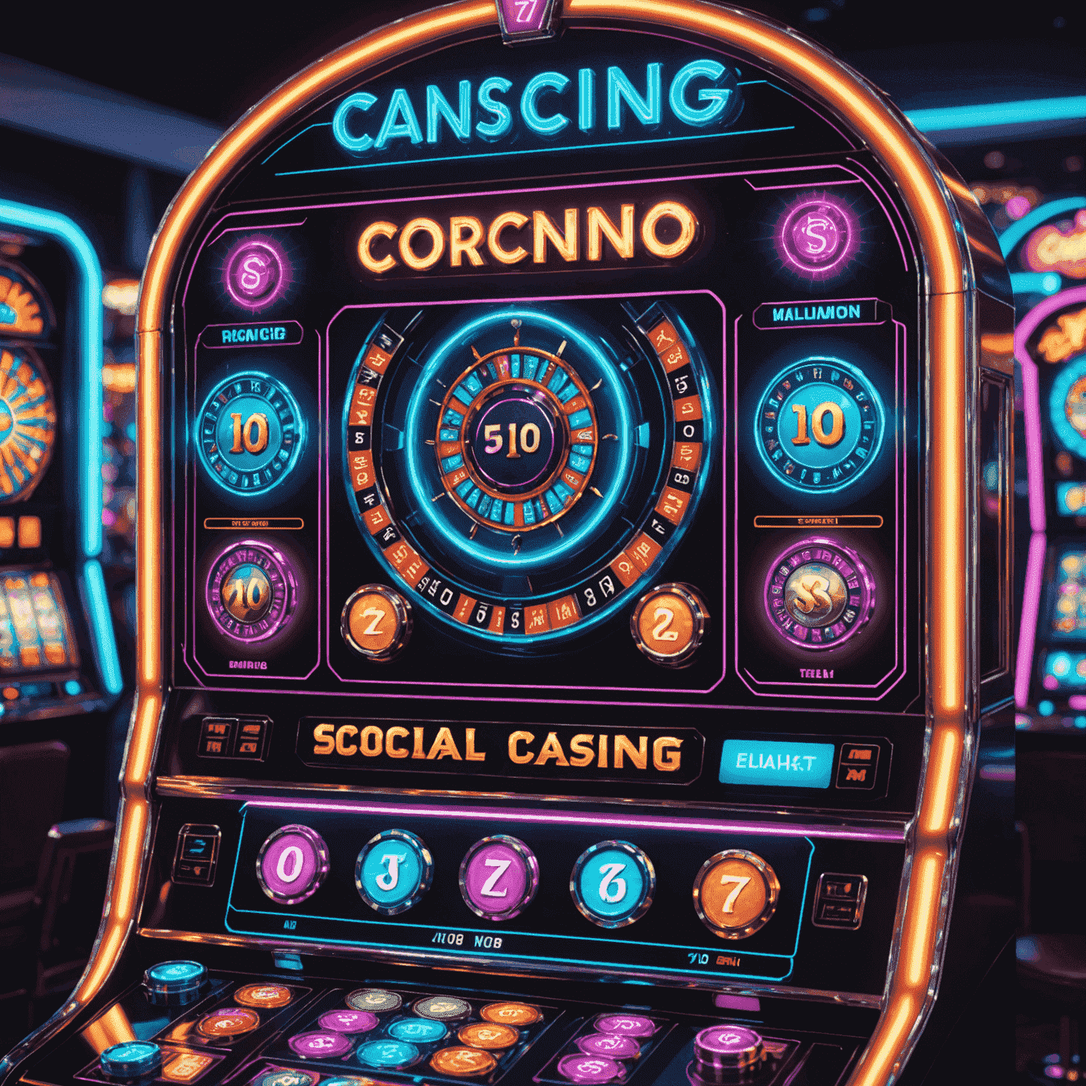 A futuristic interface of a social casino slot game, featuring neon lights, holographic reels, and virtual coins