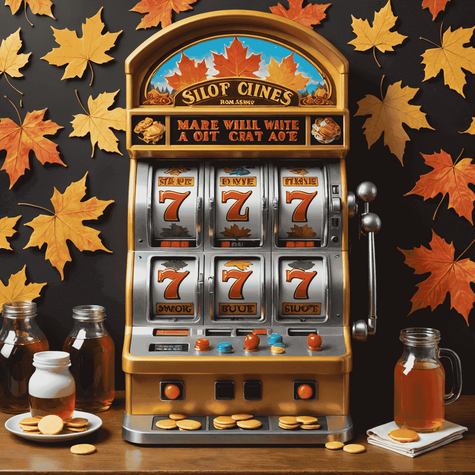 Slot machine with maple syrup theme, featuring maple leaves, syrup bottles, and pancakes on the reels