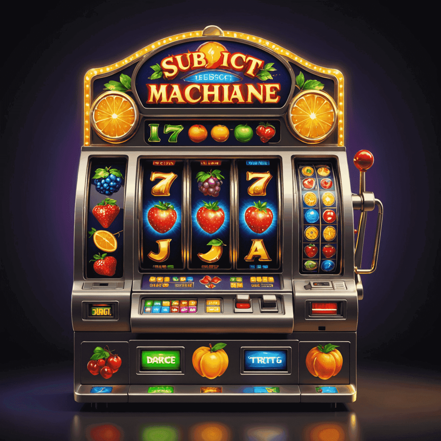 Animated slot machine with glowing reels spinning rapidly, showcasing various symbols like 7s, diamonds, and fruits