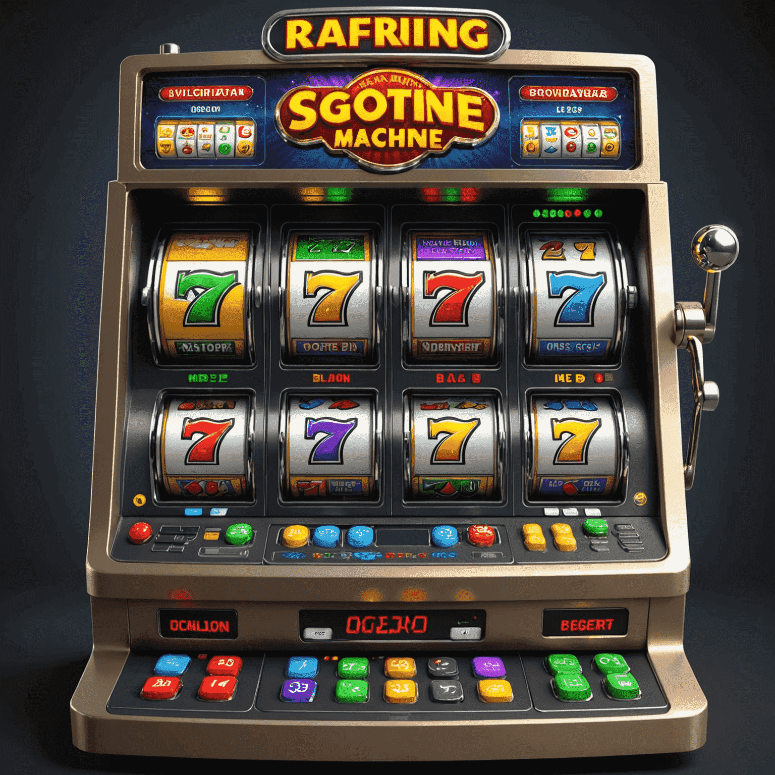 A friendly interface of a virtual slot machine with labels explaining different parts and functions for beginners