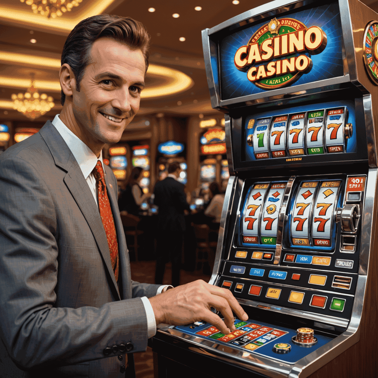 A friendly cartoon character guiding a newcomer through a virtual casino interface, pointing out different elements of a slot machine.