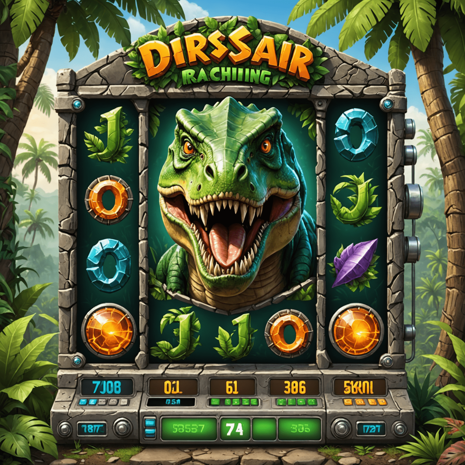 A prehistoric-themed slot machine with lush jungle backgrounds. The reels are filled with various dinosaur species, ancient plants, and fossilized symbols.