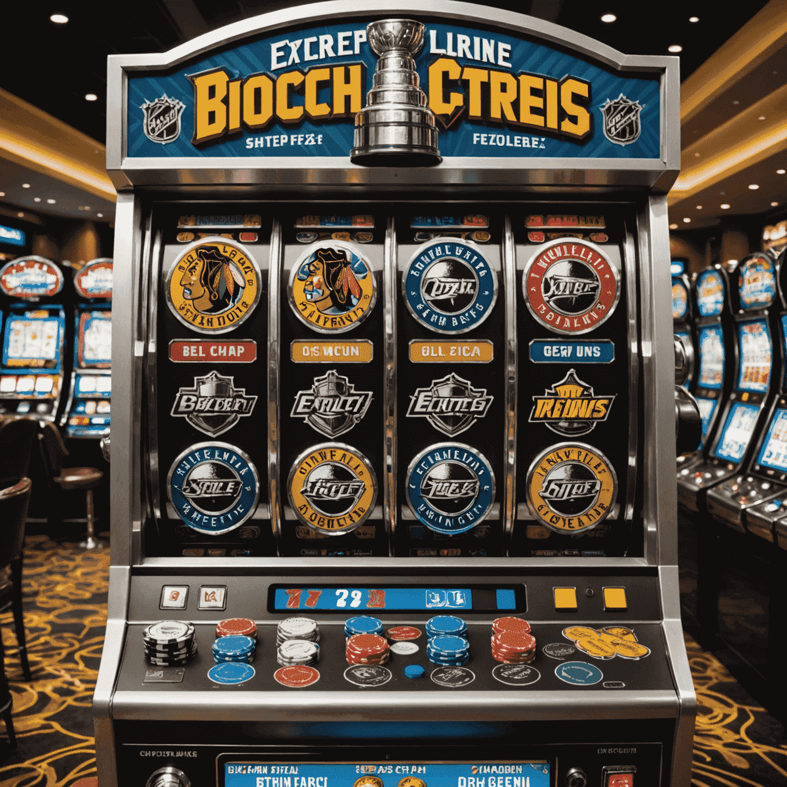 Hockey-themed slot machine with hockey players, pucks, and the Stanley Cup on the reels