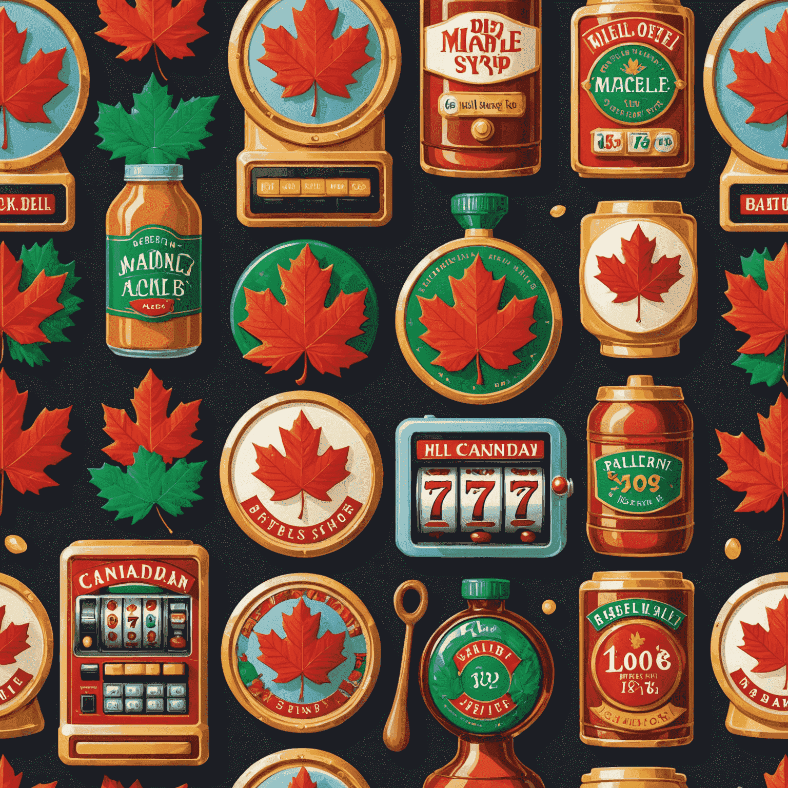 Slot machine reels featuring Canadian icons such as maple leaves, hockey players, and bottles of maple syrup