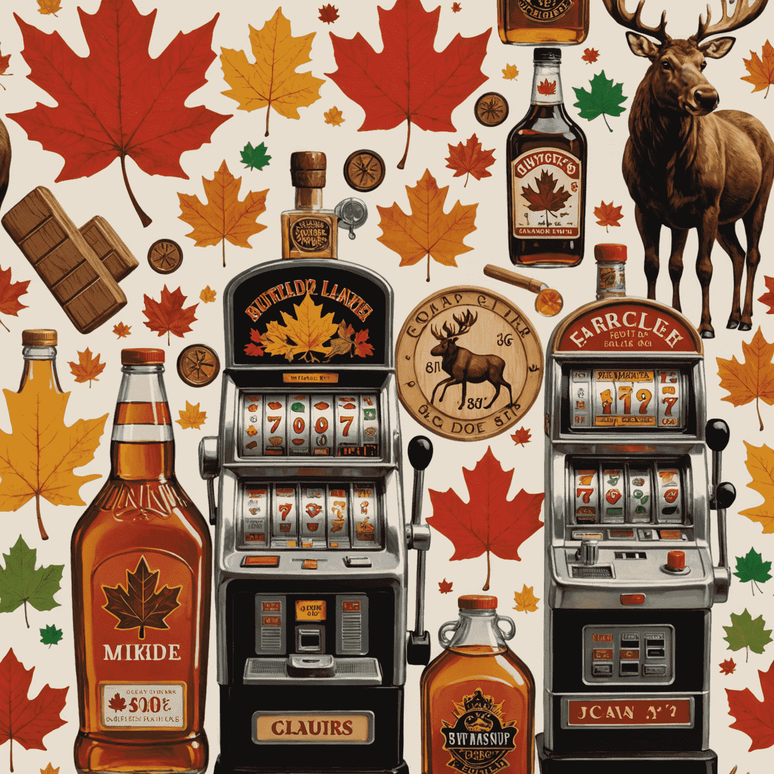 A collage of slot machines featuring Canadian symbols: maple leaf, hockey stick, moose, and a bottle of maple syrup.