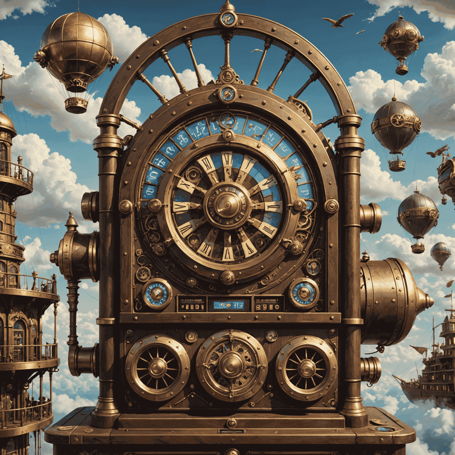 A steampunk-inspired slot machine with brass gears, clockwork mechanisms, and Victorian-era inventions adorning the reels. The background shows a fantastical airship floating among the clouds.