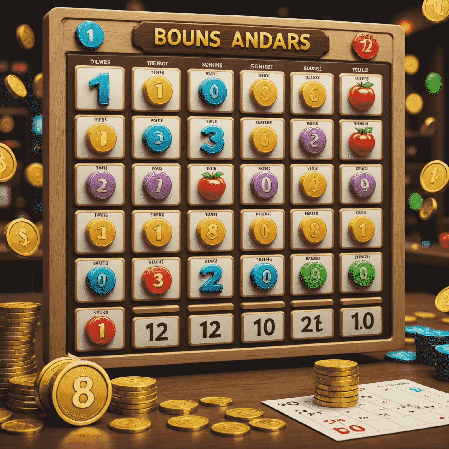 A calendar with highlighted days showing different bonus icons: free spins, multipliers, and coin stacks.