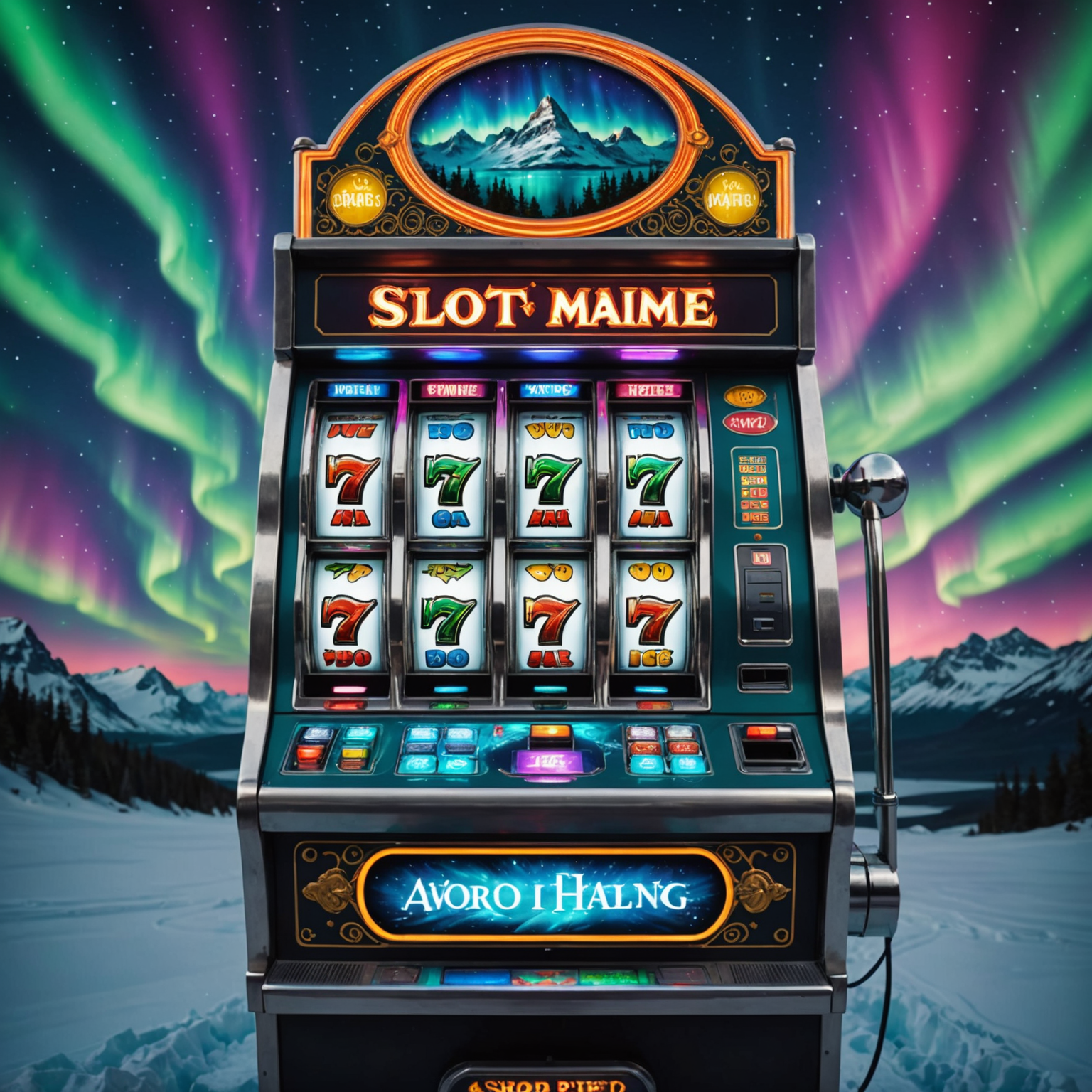 Slot machine with aurora borealis theme, featuring colorful lights and Arctic scenery