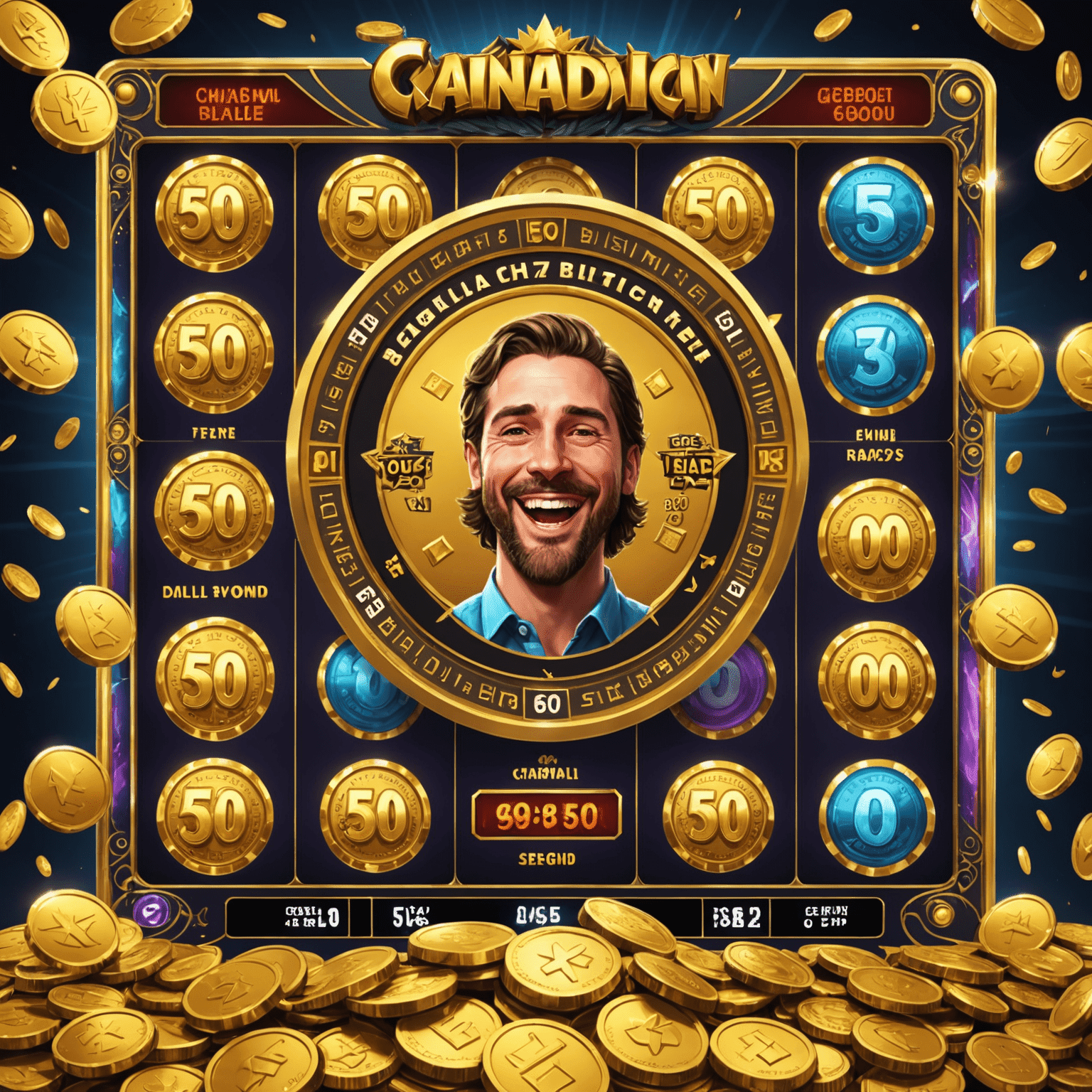 A celebratory screen showing a massive 50 million coin progressive jackpot win, with Canadian-themed graphics and ecstatic reactions from other players in the chat