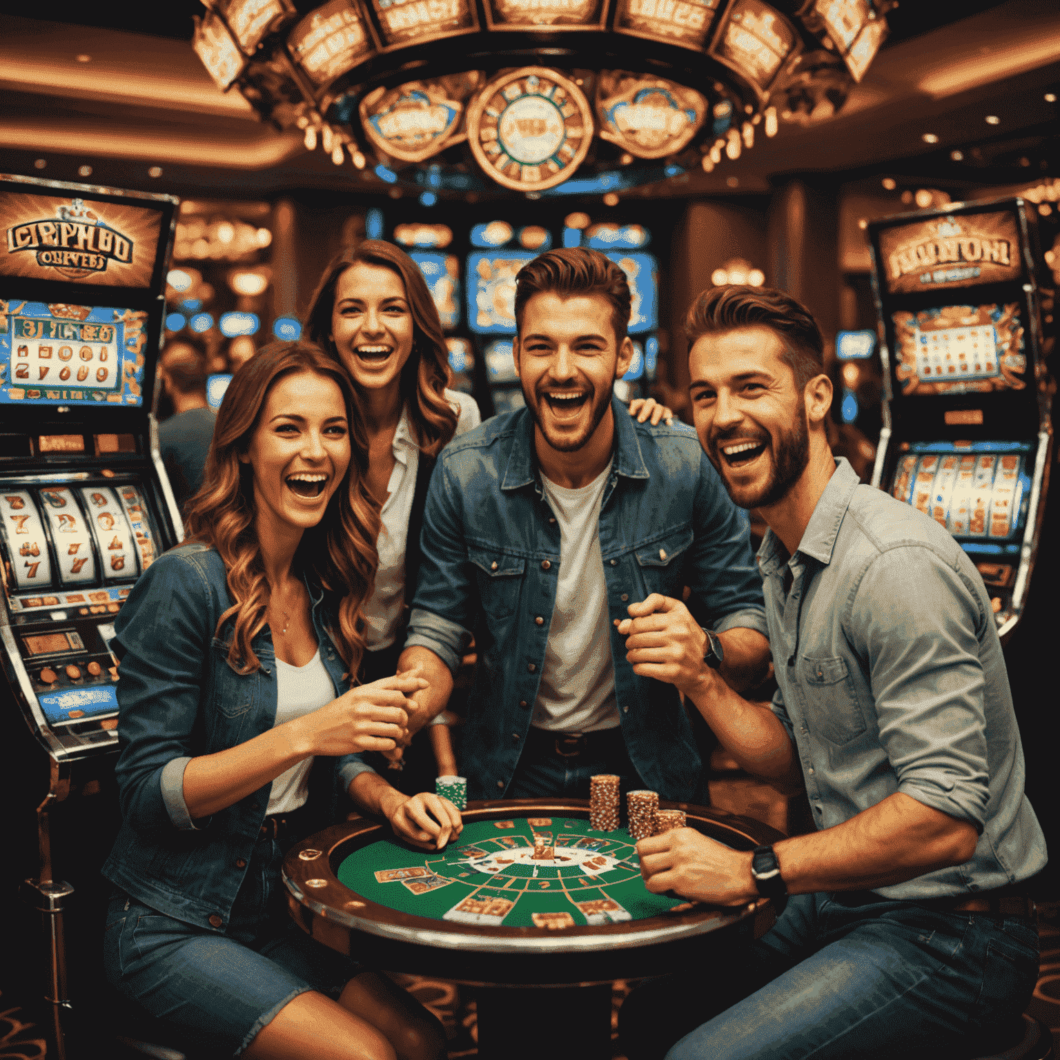 A group of excited players celebrating their virtual wins, with slot machines and jackpot symbols in the background.