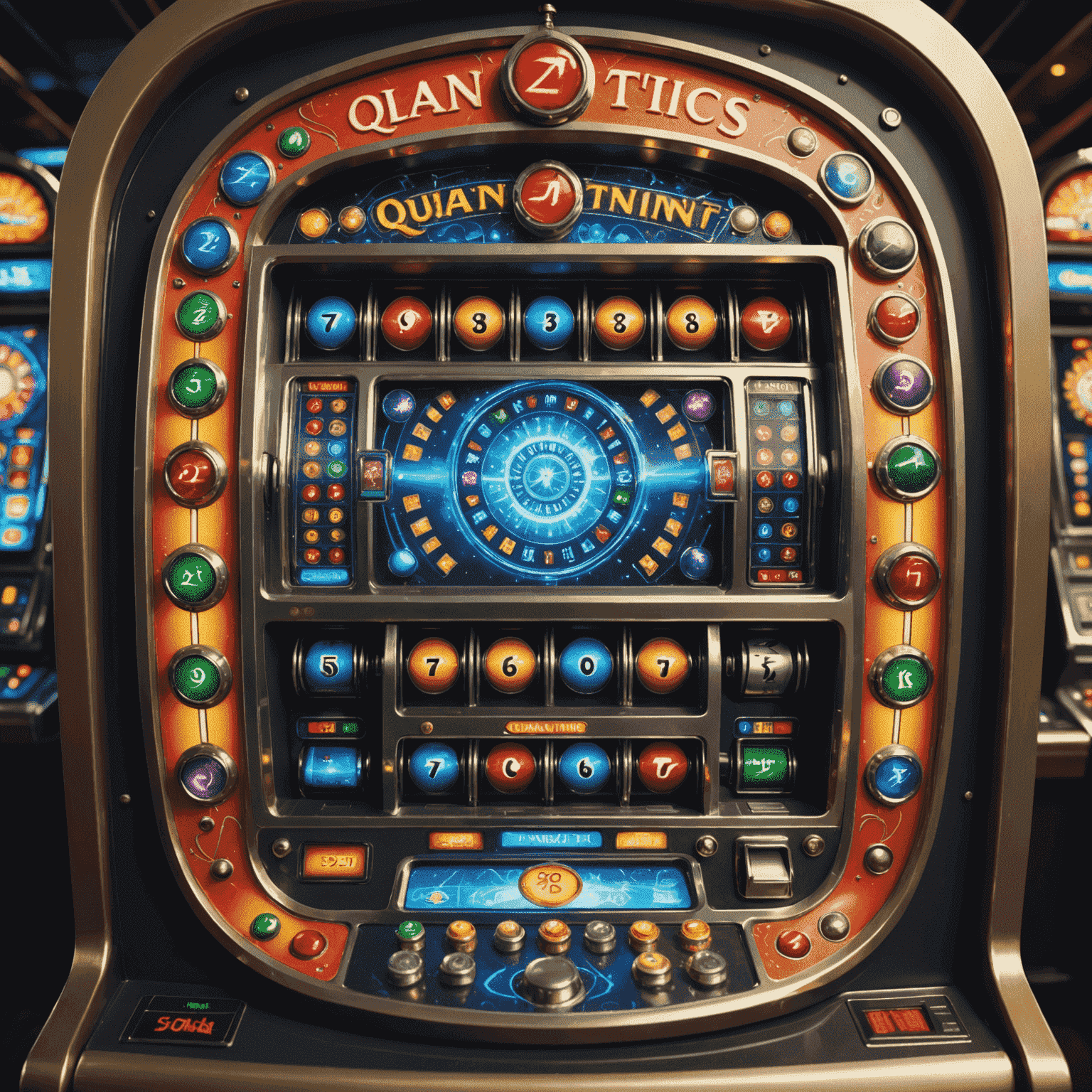 A mind-bending slot machine interface with symbols representing quantum physics concepts. The background shifts and warps, suggesting multiple realities or dimensions.